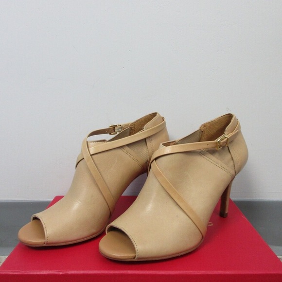 Antonio Melani Leather Ankle Boots Booties Peep Toe Size 7 Tan High Heels 440 - Picture 1 of 13